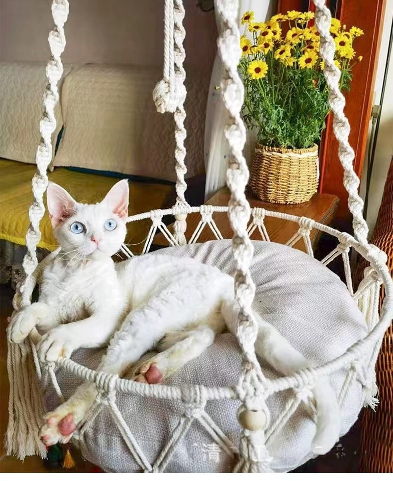 Cat Macrame Hammock, Cat Bed Basket Swinging Pet House Nest for Cat,