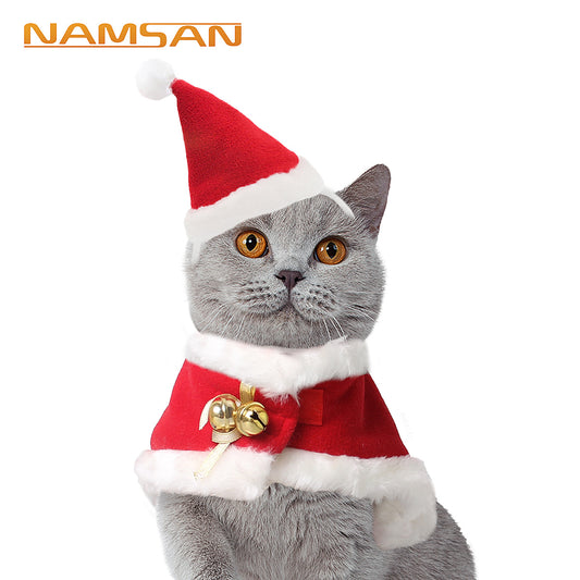 Cat Christmas Outfit Santa Hat with Clothes for Cats Small Dogs Kitten Christmas Costume Warm Xmas Cloak Coat Santa Claus Hat Red New Year Party Cosplay