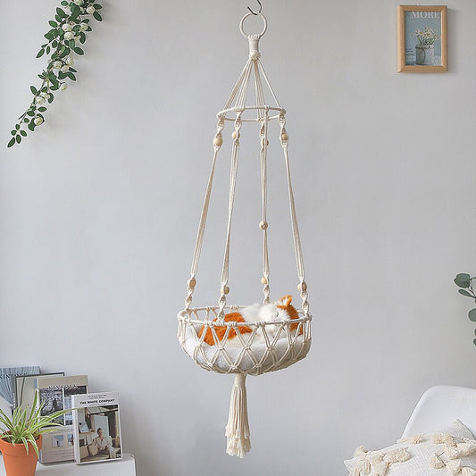 Macrame Cat Hammock, Handwoven Hanging Cat Bed,  Cat Swing with Hanging Kit for Indoor Outdoor Home Decor Hang on Wall Cat Hammock Bed for Sleeping, Playing, Climbing and Lounging