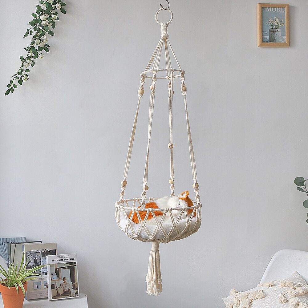 Macrame Cat Hammock, Handwoven Hanging Cat Bed,  Cat Swing with Hanging Kit for Indoor Outdoor Home Decor Hang on Wall Cat Hammock Bed for Sleeping, Playing, Climbing and Lounging