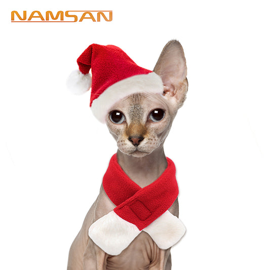 NAMSAN Cat Santa Hat Scarf Small Dog Christmas Costume Xmas Outfit Adorable Santa Claus Hat with Red Muffler for Kitten, Doggy, Rabbit, Statue, Toys Decoration