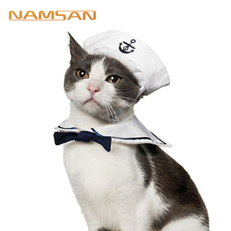 NAMSAN Pet Sailor Costume for Cats Small Dogs Halloween Cat Sailor Hat with Tie Collar Doggy Navy Outfit Cosplay Apparel