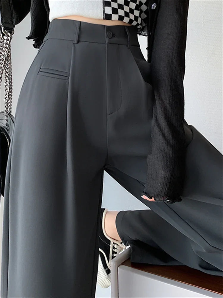 2024 New Spring Summer High Waist Suit Wide Leg Women's Pants Buttons Female Elegant Minimalism Straight Loose Trousers