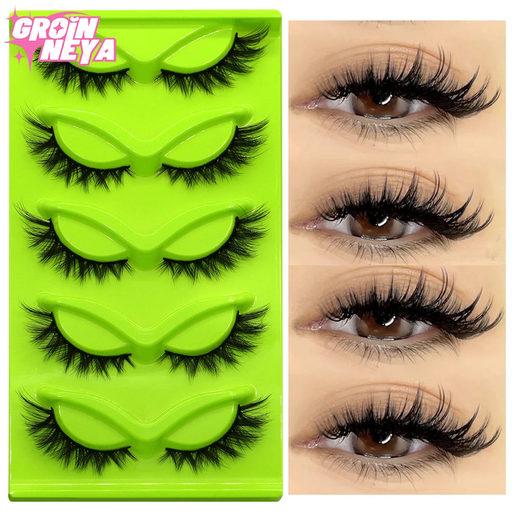 GROINNEYA Cat Eye Lashes 5 pairs Faux Mink Eyelashes Natural Look Fluffy Soft Cross Wispy Full Strip Lashes Eyelash Extension