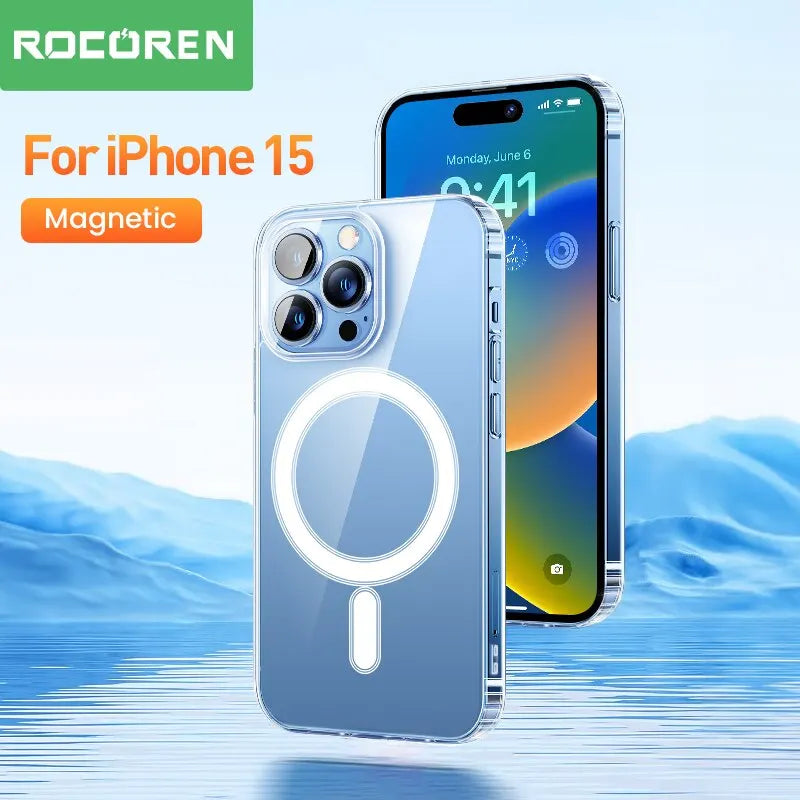 Rocoren Magnetic Case For iPhone 15 Pro Ultra High Light Transparent Phone Case For iPhone 2023 Lens Protection Impact Resistant