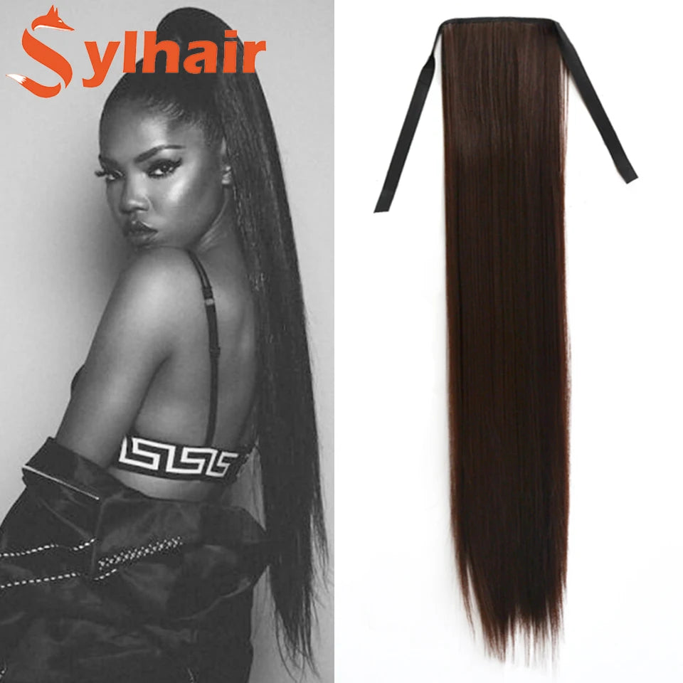 Sylhair Synthetic Super Long Straight Ribbon Drawstring Fake Ponytails Clip on Hair Tail Extensions Natural Hair Pieces With Hai